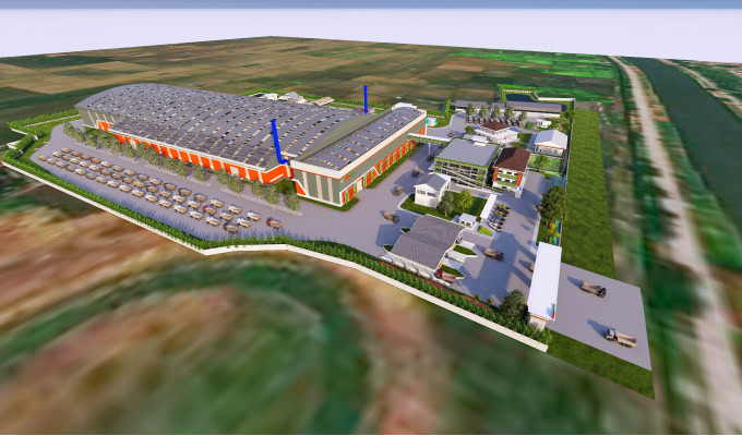 Aerial rendering of an industrial complex with a large warehouse, surrounding smaller buildings, parking lots, and landscaped areas for sustainable waste to energy operations, set in a rural location.