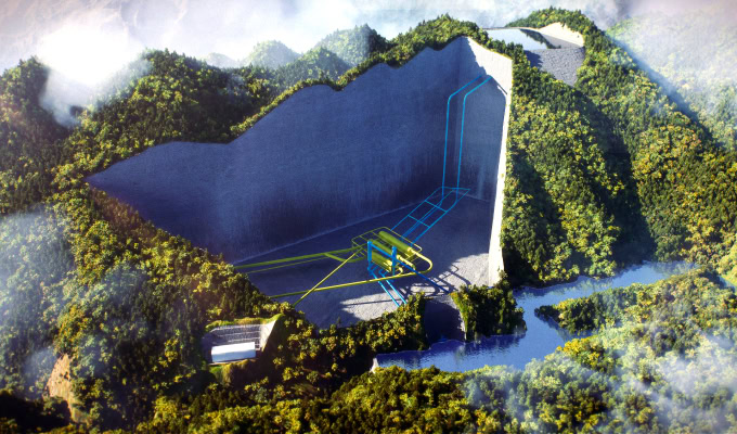 Aerial view of the Caiziba pumped-storage power station in a mountainous karst area, featuring a large, carved-out reservoir with exposed rock walls, pipes, and infrastructure amid dense green forest.