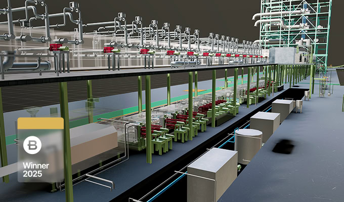 Digital rendering of an industrial facility with complex machinery and power transmission equipment, featuring China Southern Power Grid’s GIS+BIM digital intelligence; a "Winner 2025" badge appears in the lower left corner.