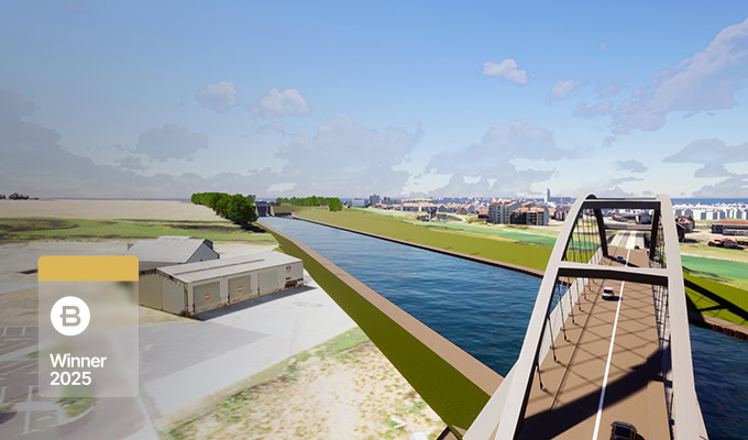 A digital rendering shows a bridge spanning over a river with vehicles, adjacent buildings, and open fields under a partly cloudy sky. GIS+BIM digital intelligence highlights advancements in power transmission and transformation. A "B Winner 2025" badge is present.
