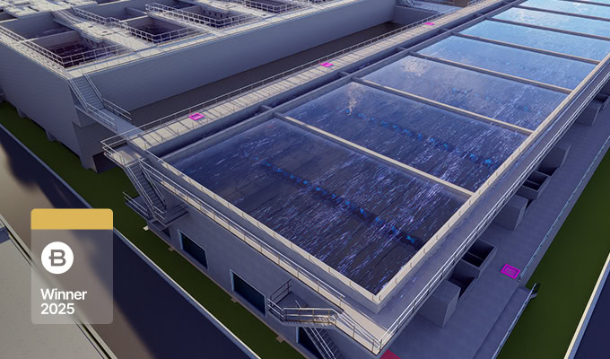 A modern industrial water treatment facility with large rectangular basins and staircases, showcasing the integration of GIS+BIM digital intelligence technology, with a "B Winner 2025" badge in the lower left corner.