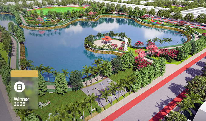 Aerial view of a landscaped park with a large pond, walking paths, greenery, and a central gazebo. Showcased by China Southern Power Grid’s GIS+BIM digital intelligence. A badge in the corner reads "B Winner 2025.