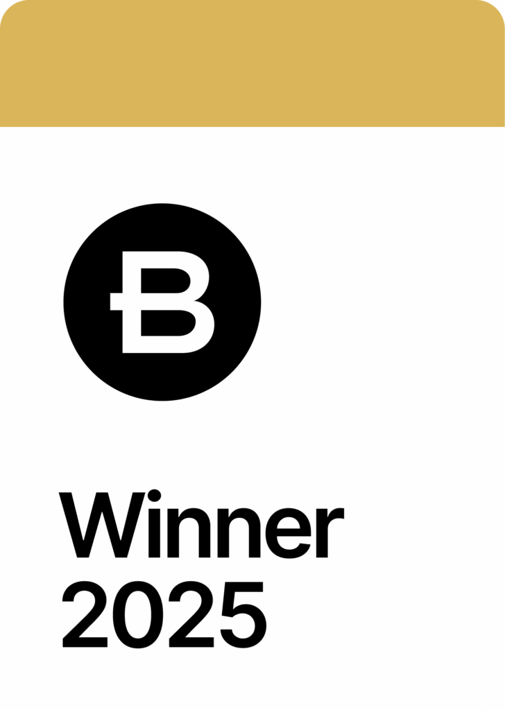 A graphic with a gold header, a black circle featuring a white "B" in the center, and the text "2025 winner" below, celebrating achievement in the YII 2025 Single Project Template category.